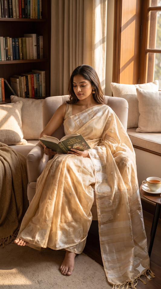 Tissue Silk Saree with Temple Border - Peach