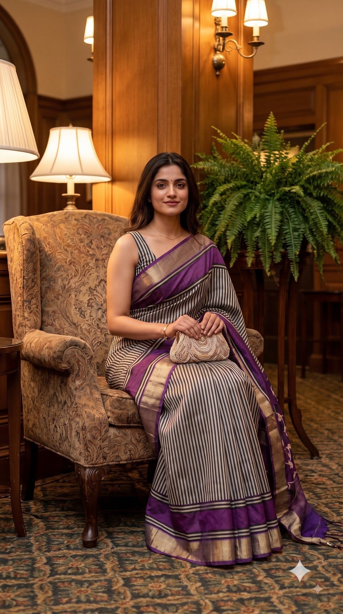 Silk with Stripes & Kalamkari Pallu - Purple