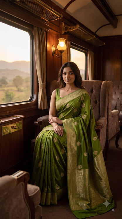 Banarasi Silk Saree-Mehndi Green with Pista Green Border