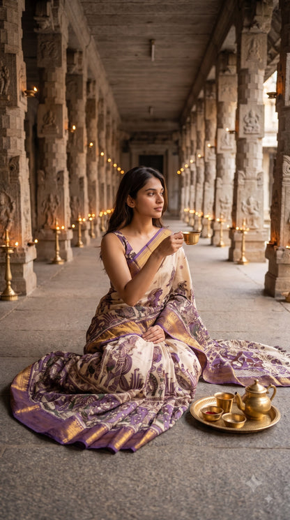 Kanchi Border Kalamkari Silk Saree with Figure Motifs - Beige with Purple