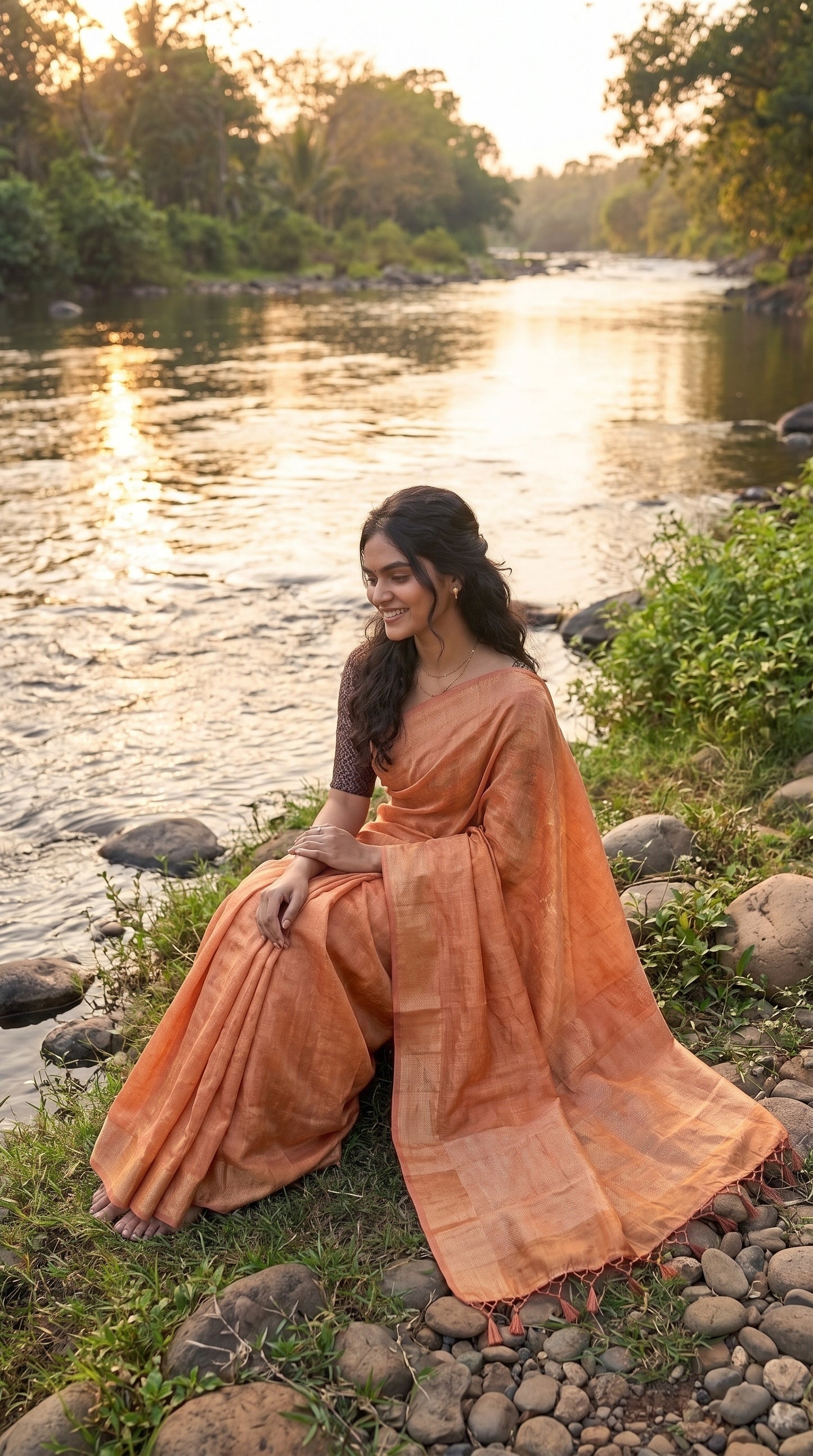 A serene shot of a smiling woman sitting on a rocky river bank during golden hour, highlighting the airy, textured fall and matching hem tassels of her rose gold tissue cotton saree