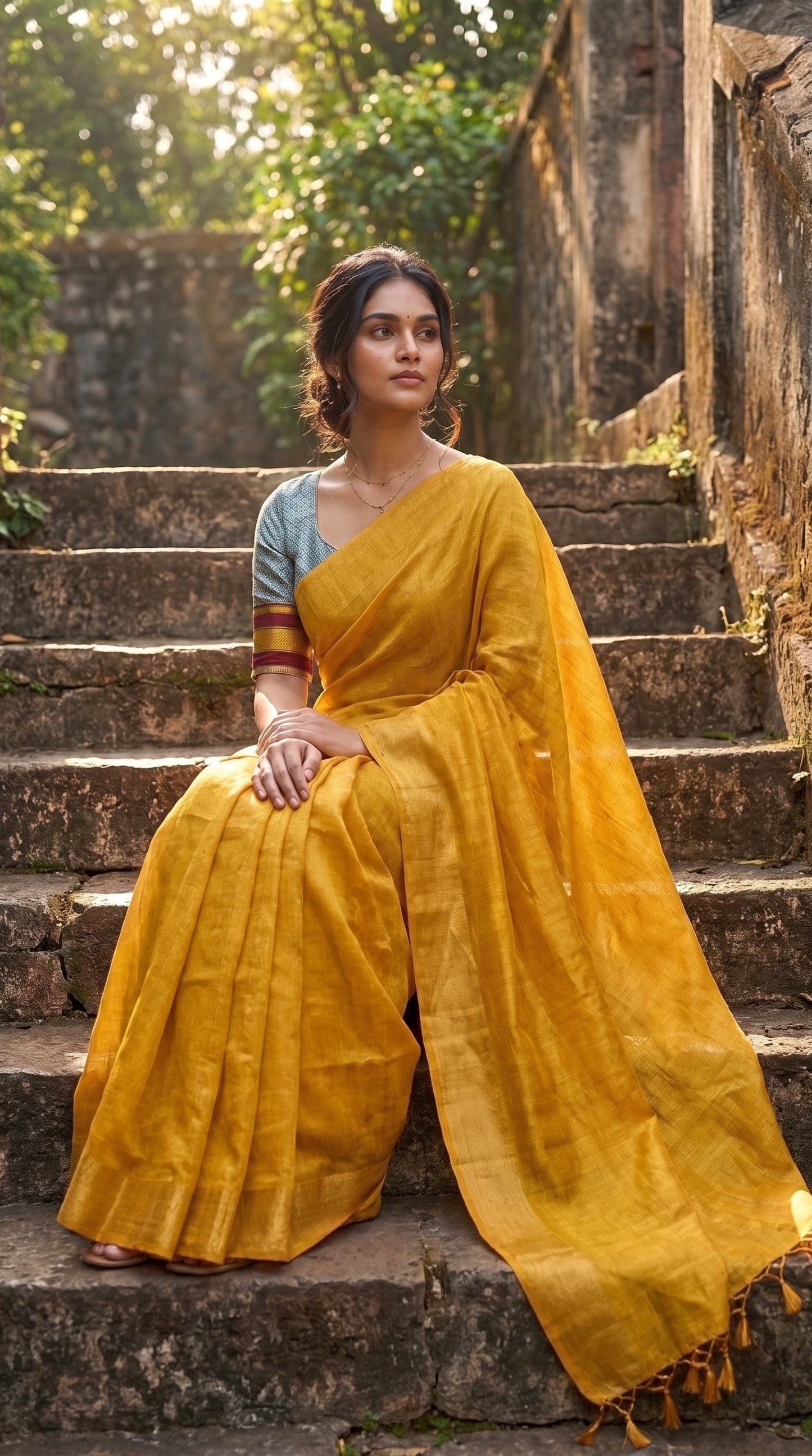 A front view of a woman sitting gracefully on rustic stone steps outdoors, highlighting the rich yellow color, semi-translucent tissue cotton texture, and delicate tassels along the edge of her saree
