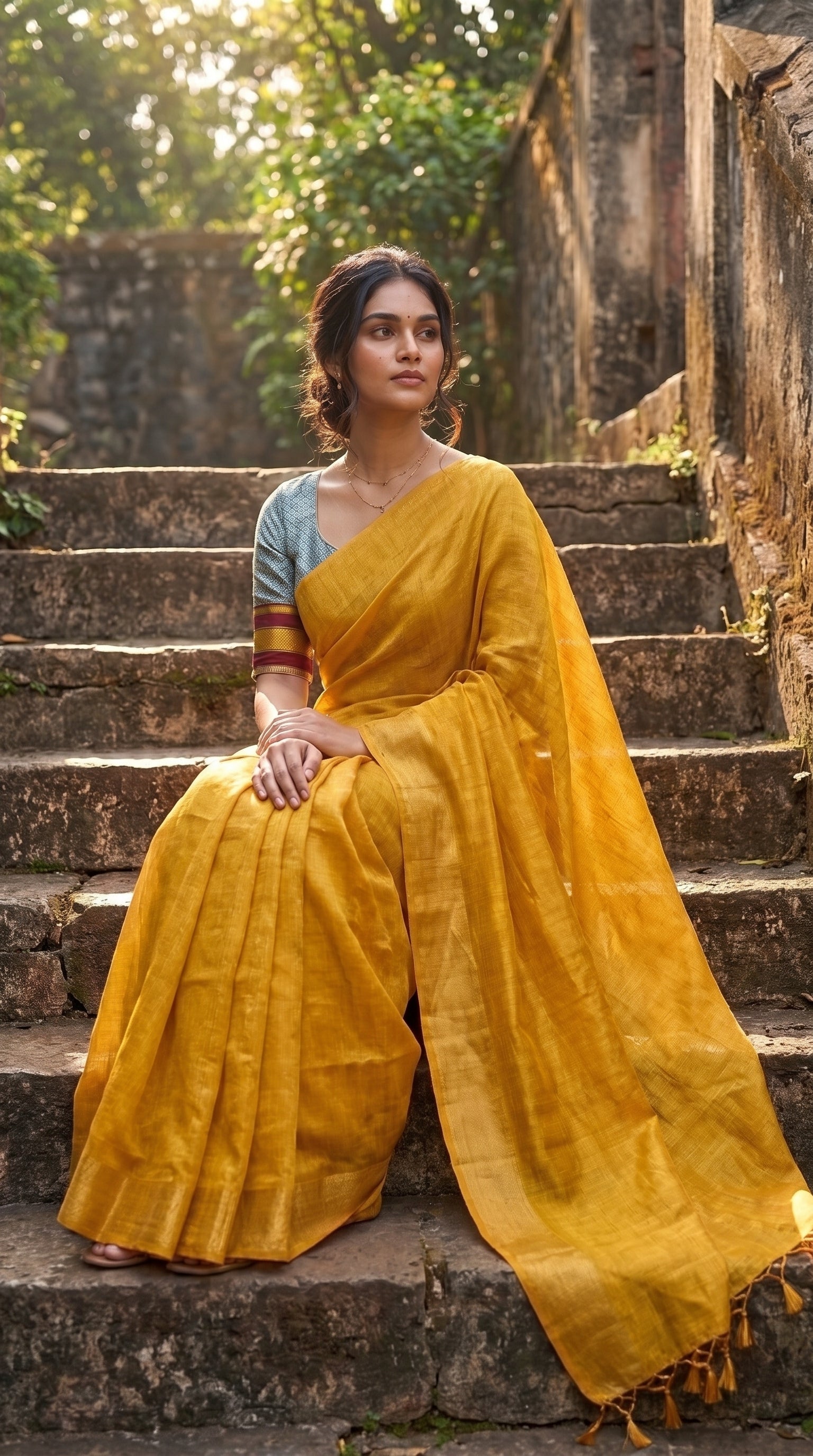 A front view of a woman sitting gracefully on rustic stone steps outdoors, highlighting the rich yellow color, semi-translucent tissue cotton texture, and delicate tassels along the edge of her saree
