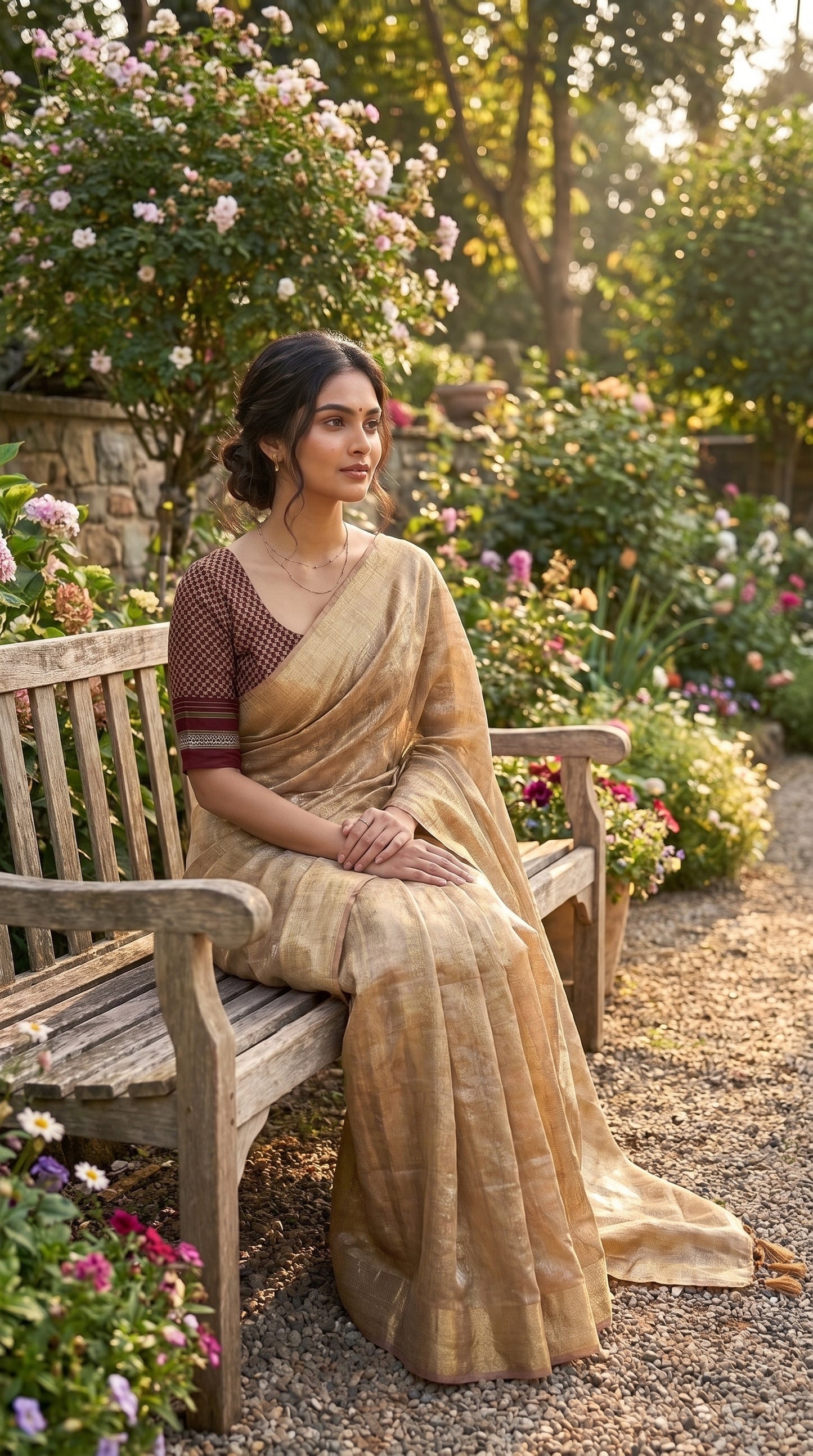 A three-quarter portrait of a woman sitting on a weathered wooden garden bench surrounded by blooming roses, highlighting the elegant golden shimmer of her saree paired with a deep maroon geometric print blouse