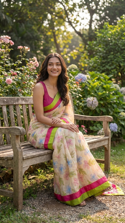 A portrait of a smiling woman sitting on a wooden garden bench next to blooming roses, displaying the elegant drape, cream base, and vibrant magenta and green borders of her floral printed silk saree