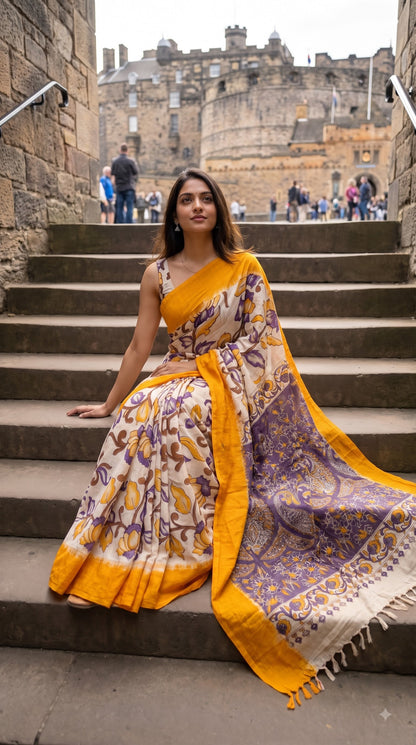 Kalamakari Silk Saree with Kaddi Border - Orange
