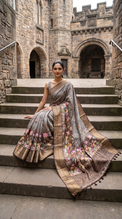 Pure Silk Saree with Digital Print & French Knot Kantha-Stitched - Grey