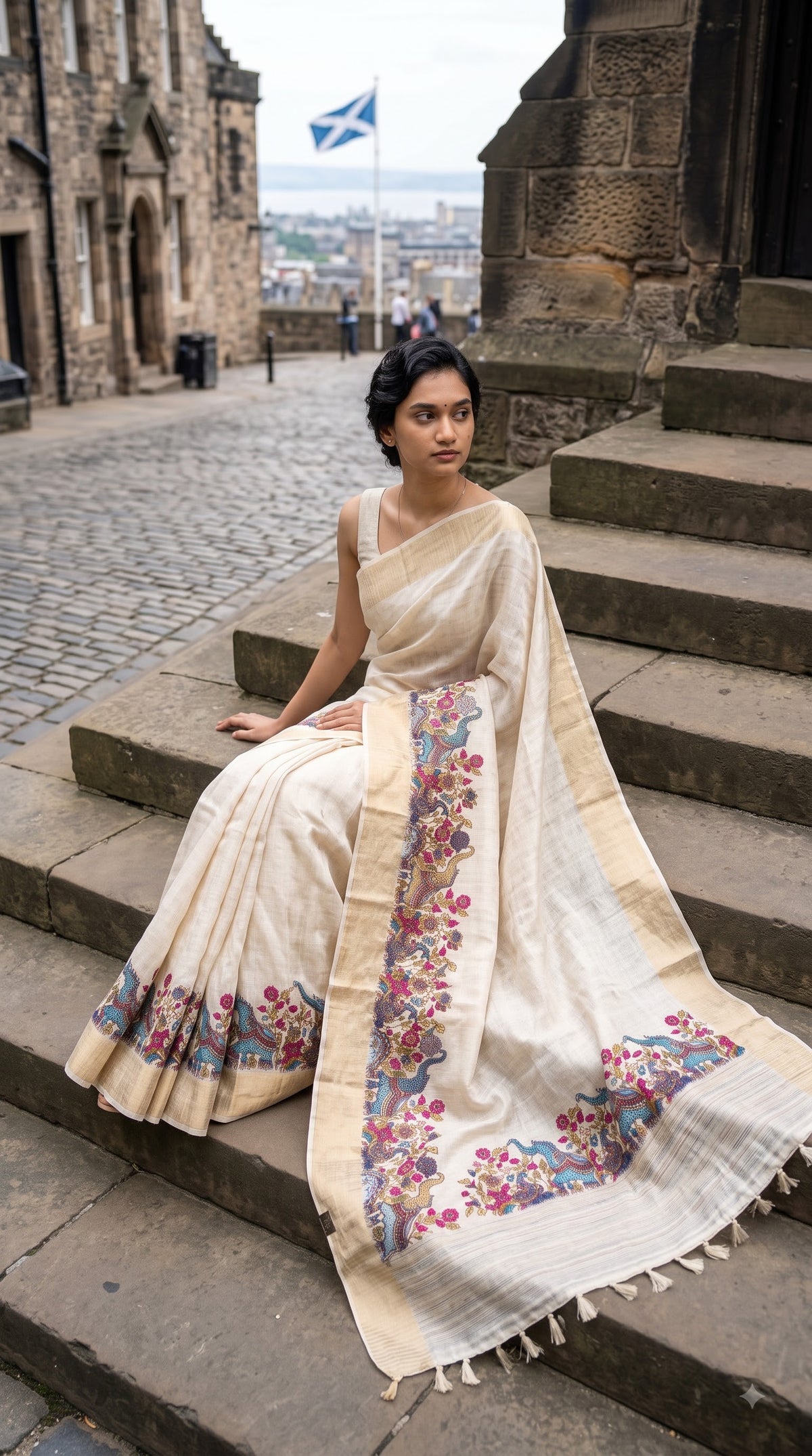 Pure Silk Saree with Digital Print & French Knot Kantha-Stitched - Cream