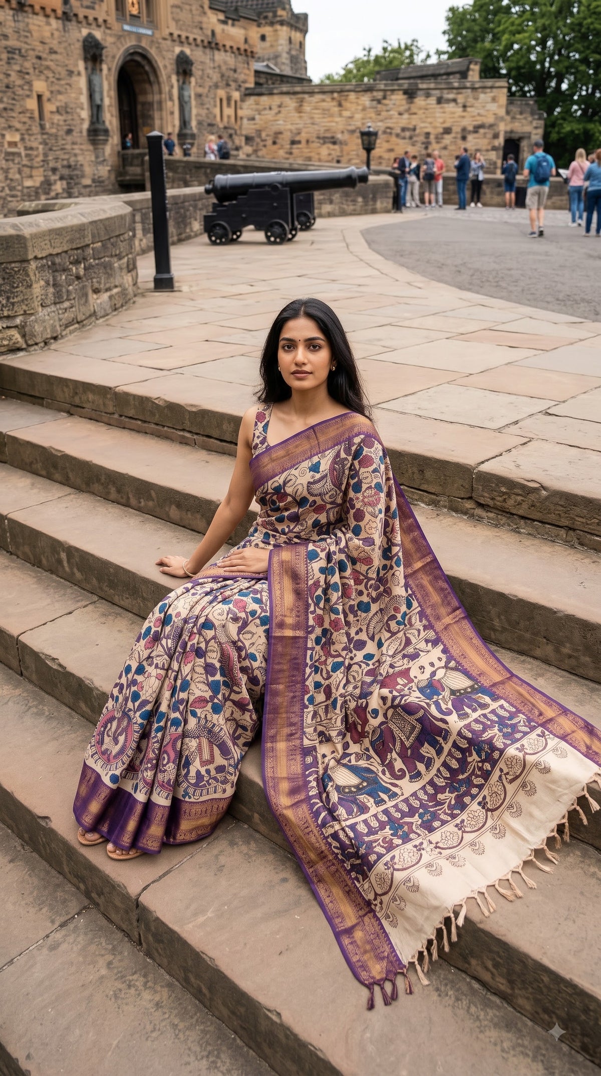 Kanchi Border Kalamkari Silk Saree - Beige with Purple