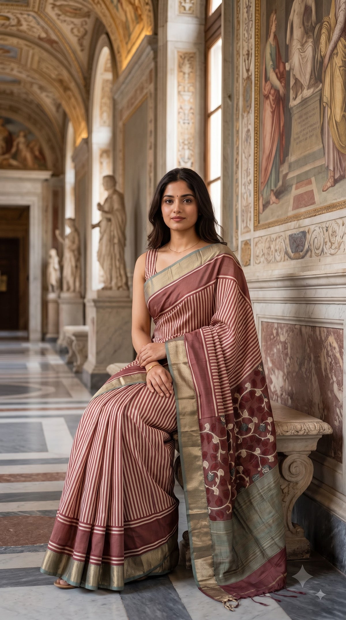 Silk with Stripes & Kalamkari Pallu - Brown
