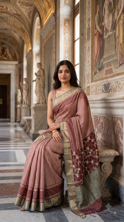 Silk with Stripes & Kalamkari Pallu - Brown