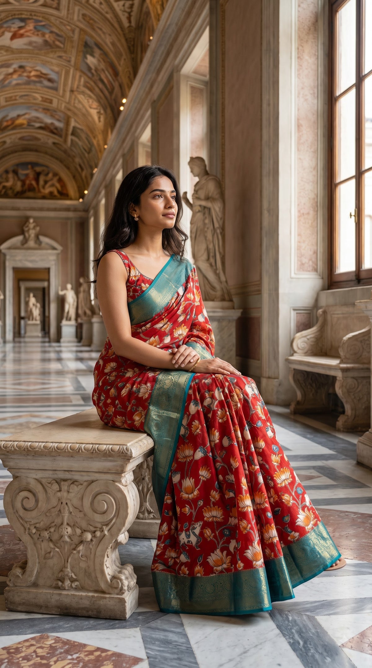 Kanchi Border Kalamkari Silk Saree - Red with Teal