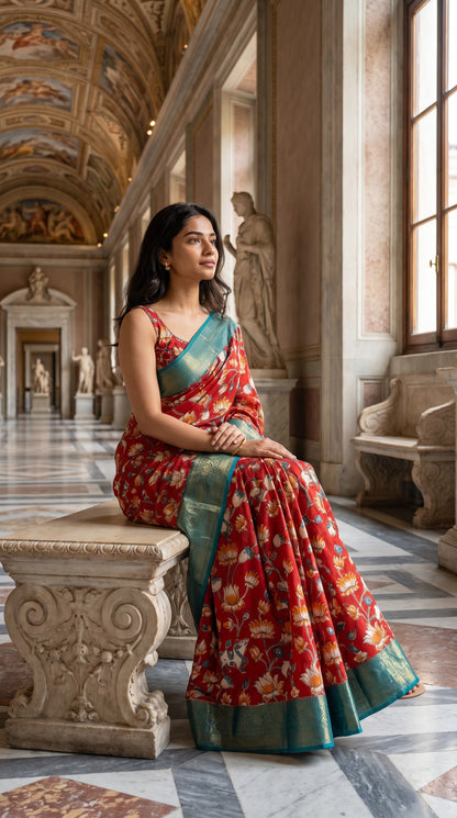 Kanchi Border Kalamkari Silk Saree - Red with Teal