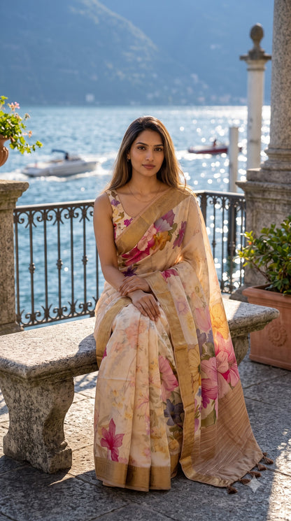 Pure Silk Saree with Digital Print & French Knot Kantha-Stitched - Beige