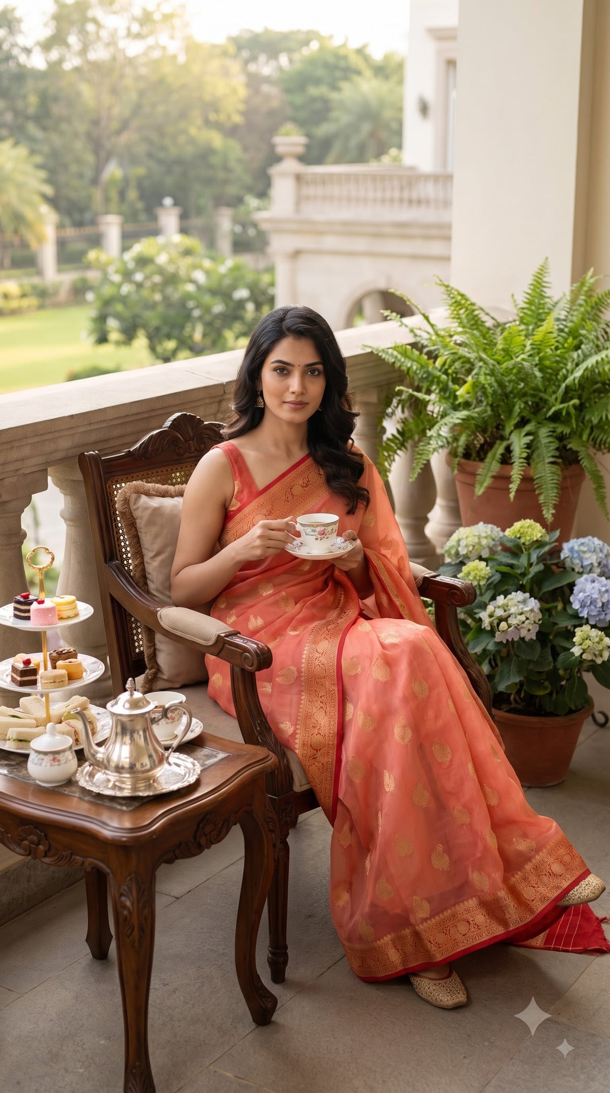Georgette Banarasi with Contrast Border-Peach