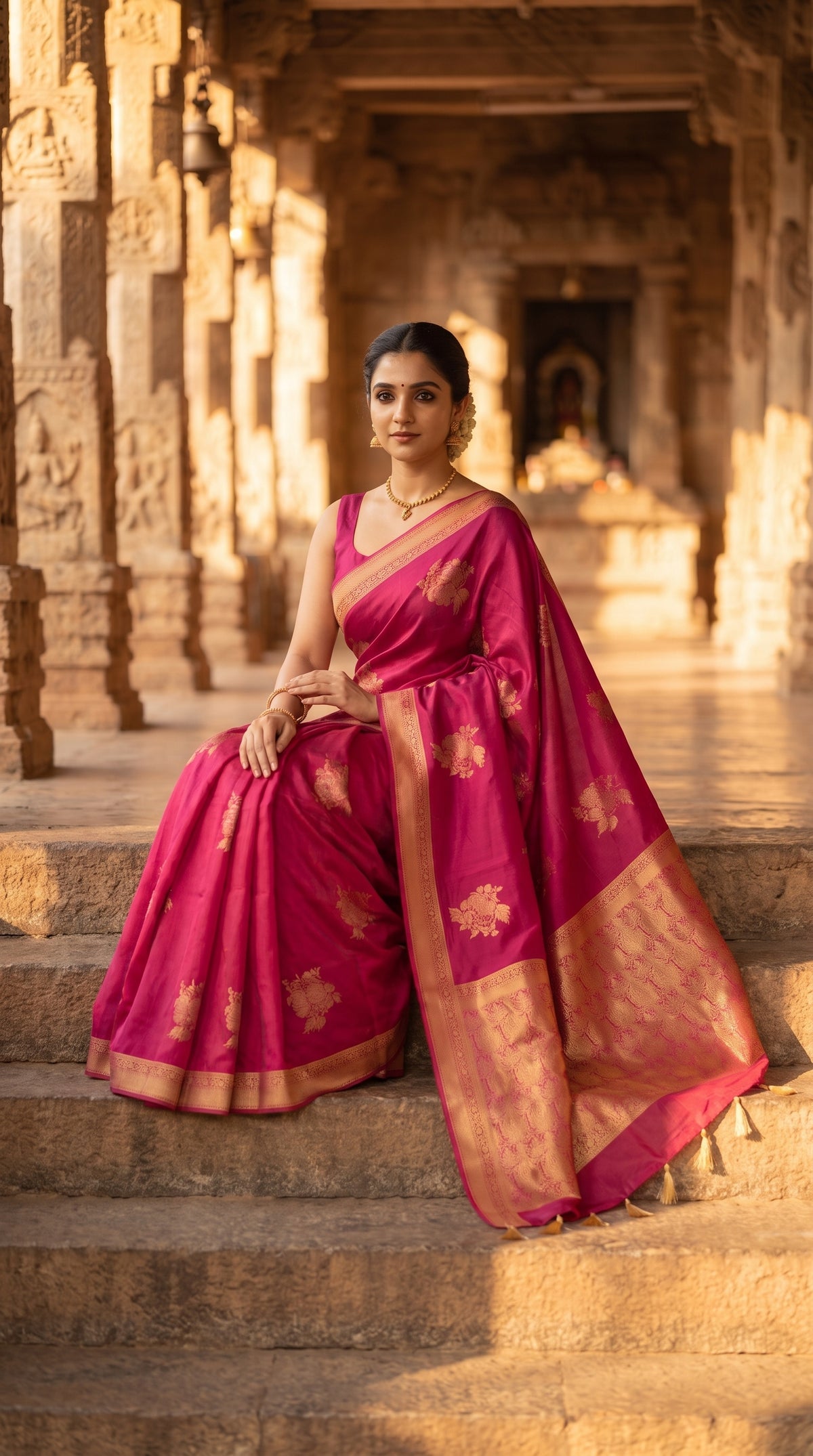 A front view of a woman sitting gracefully on ancient stone steps inside a historic pillars hall, highlighting the premium drape, rich gold floral buttas, and intricate borders of her magenta crepe silk saree