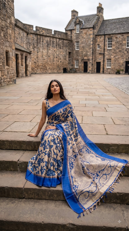Kalamakari Silk Saree with Kaddi Border - Royal Blue