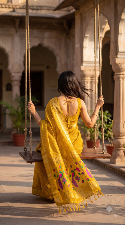 Organza Saree with Paithani Pallu - Yellow Gold