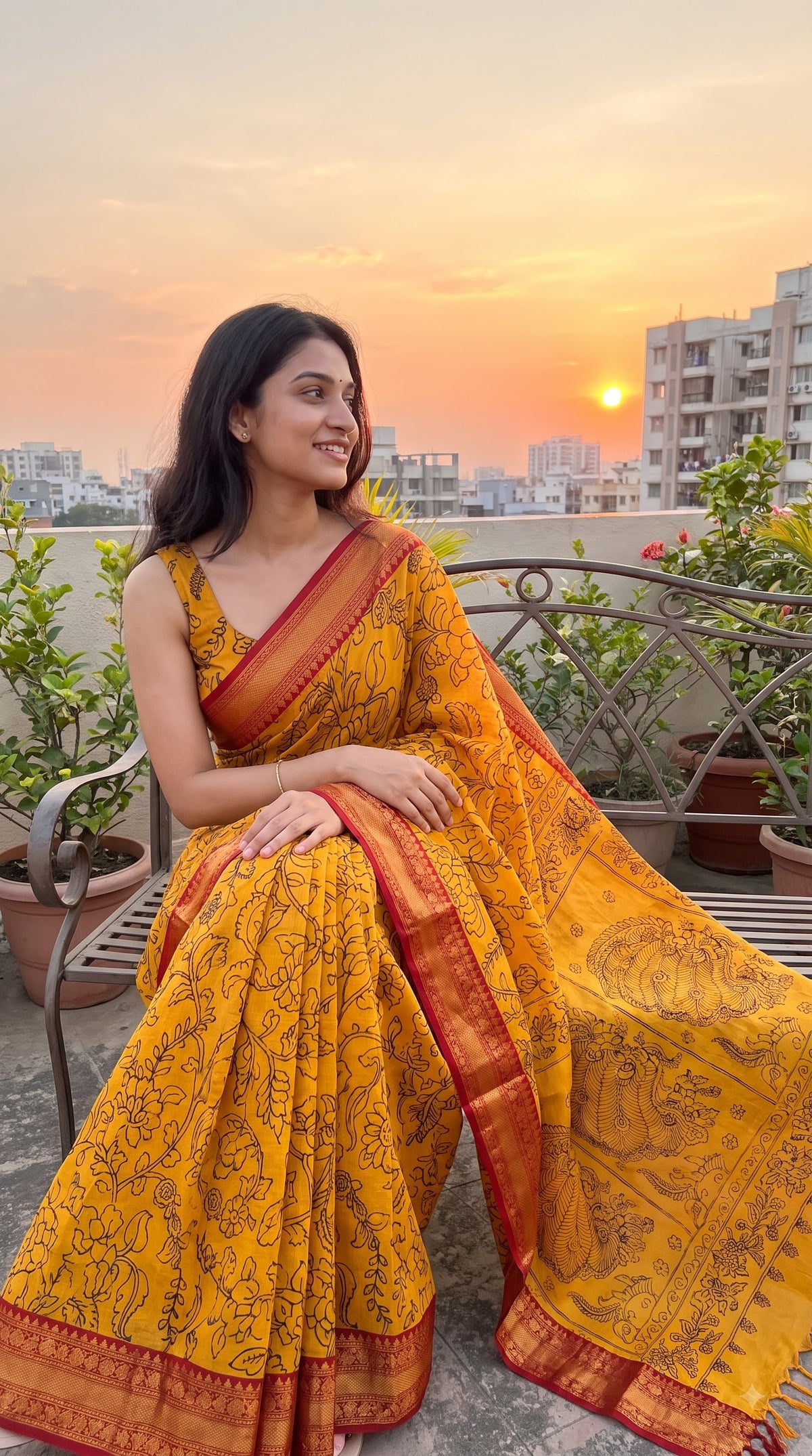 Kanchi Border Kalamkari Silk Saree - Yellow with Red