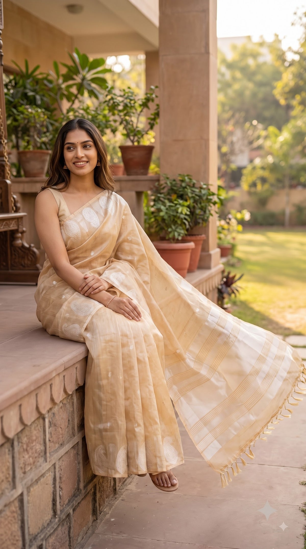 Tissue Silk Saree with Temple Border - Peach