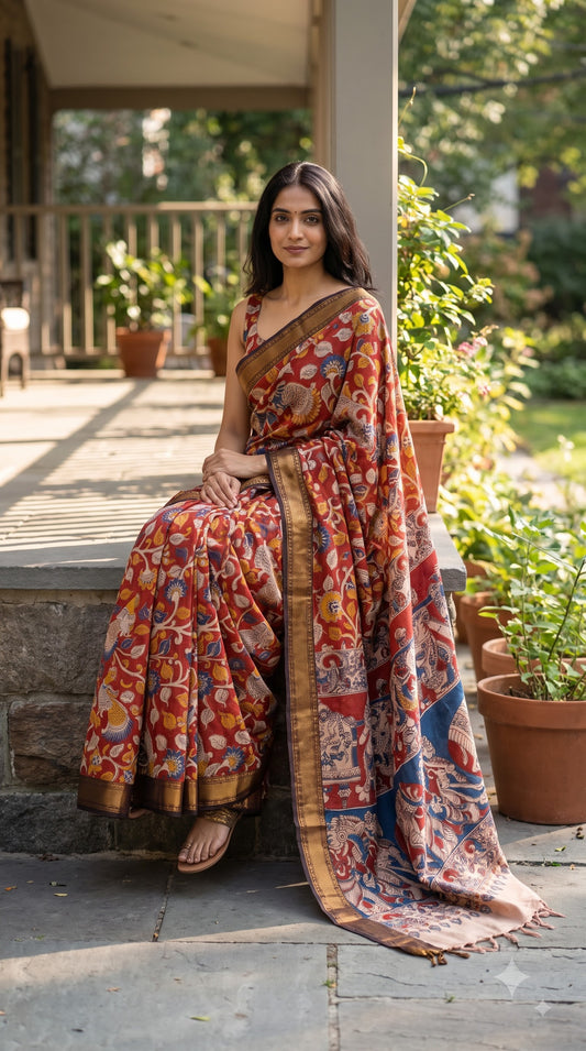 Printed Kalamkari Silk Saree with Border - Red & Black