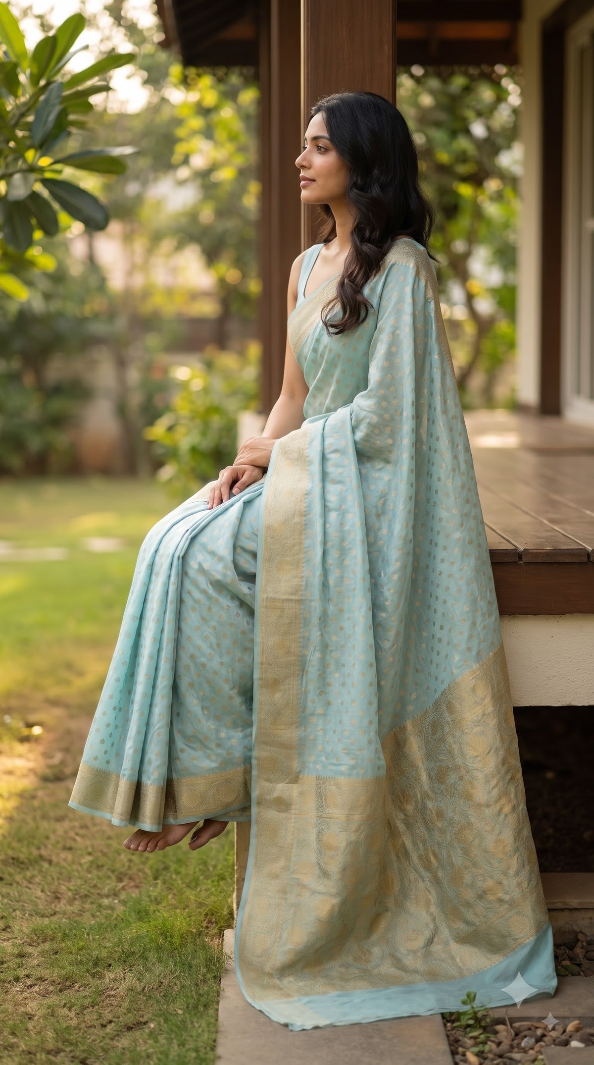 Crepe Banarasi Saree with Butta-Sky Blue