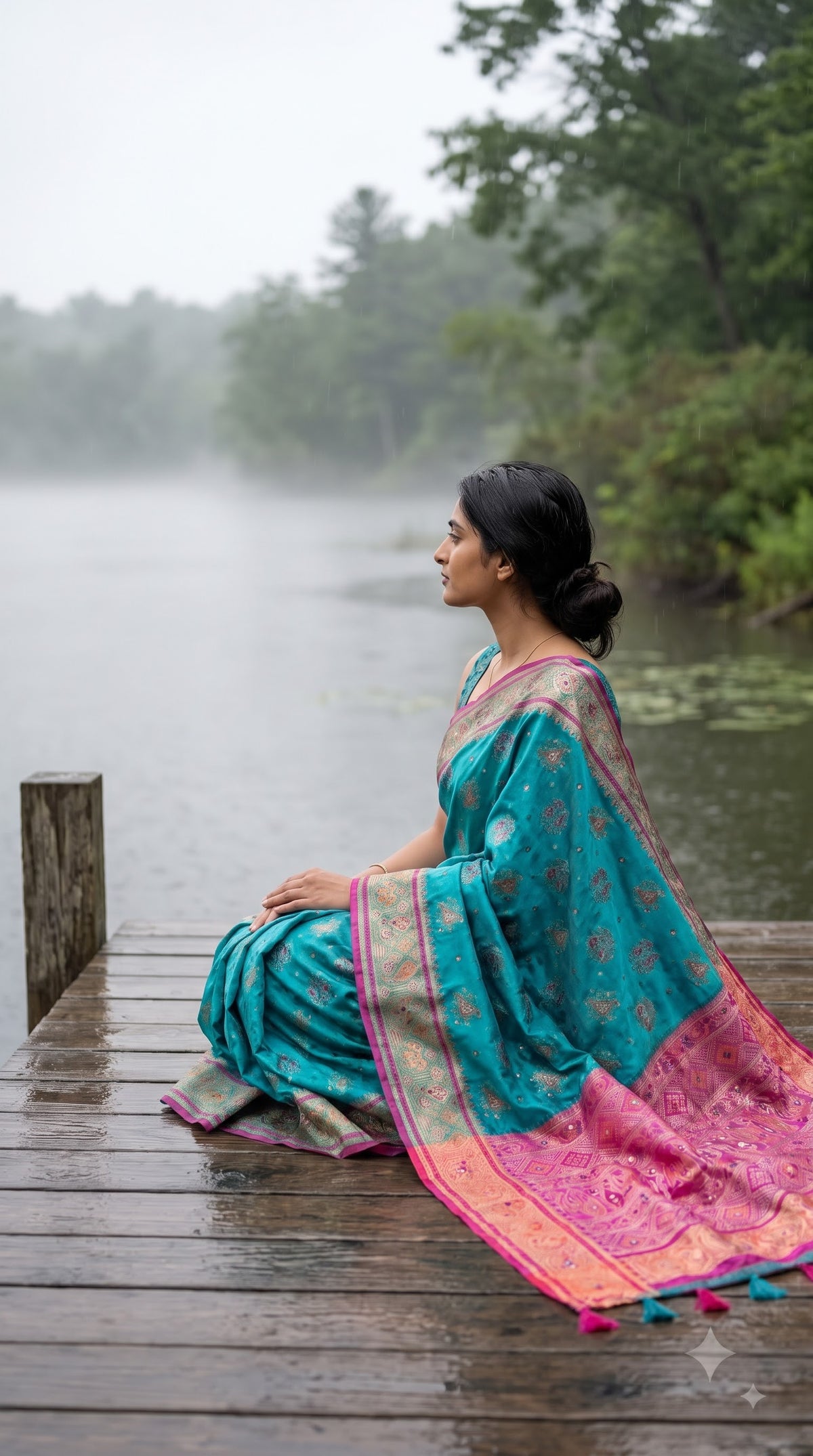 Viscose Silk Saree with Patola Weave - Aqua Blue