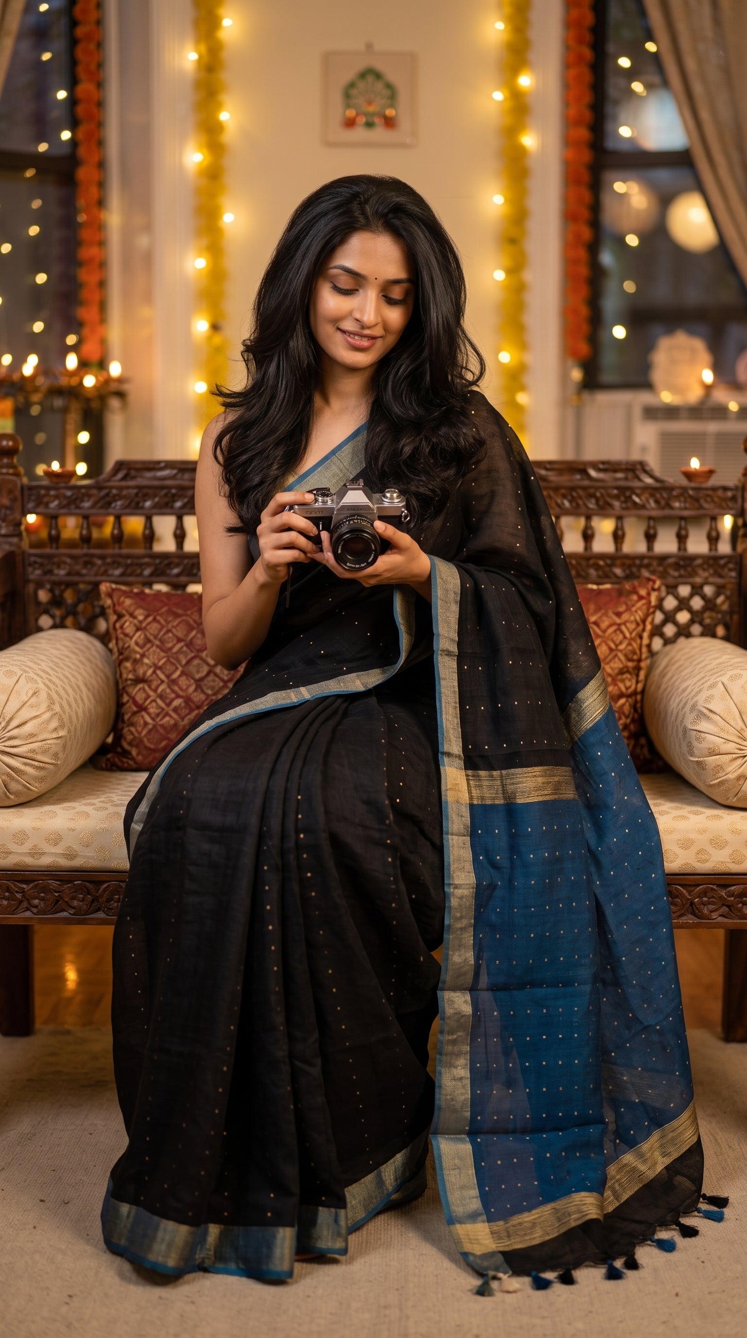 Model seated on an intricately carved wooden sofa holding a vintage camera, displaying the delicate sequin details and gold trims of a black linen saree during a festive evening