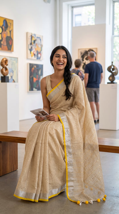 A laughing woman sitting on a wooden bench inside a modern art gallery, displaying the fine gold sequin lines, silver border, and yellow trim of a warm beige khadi linen saree
