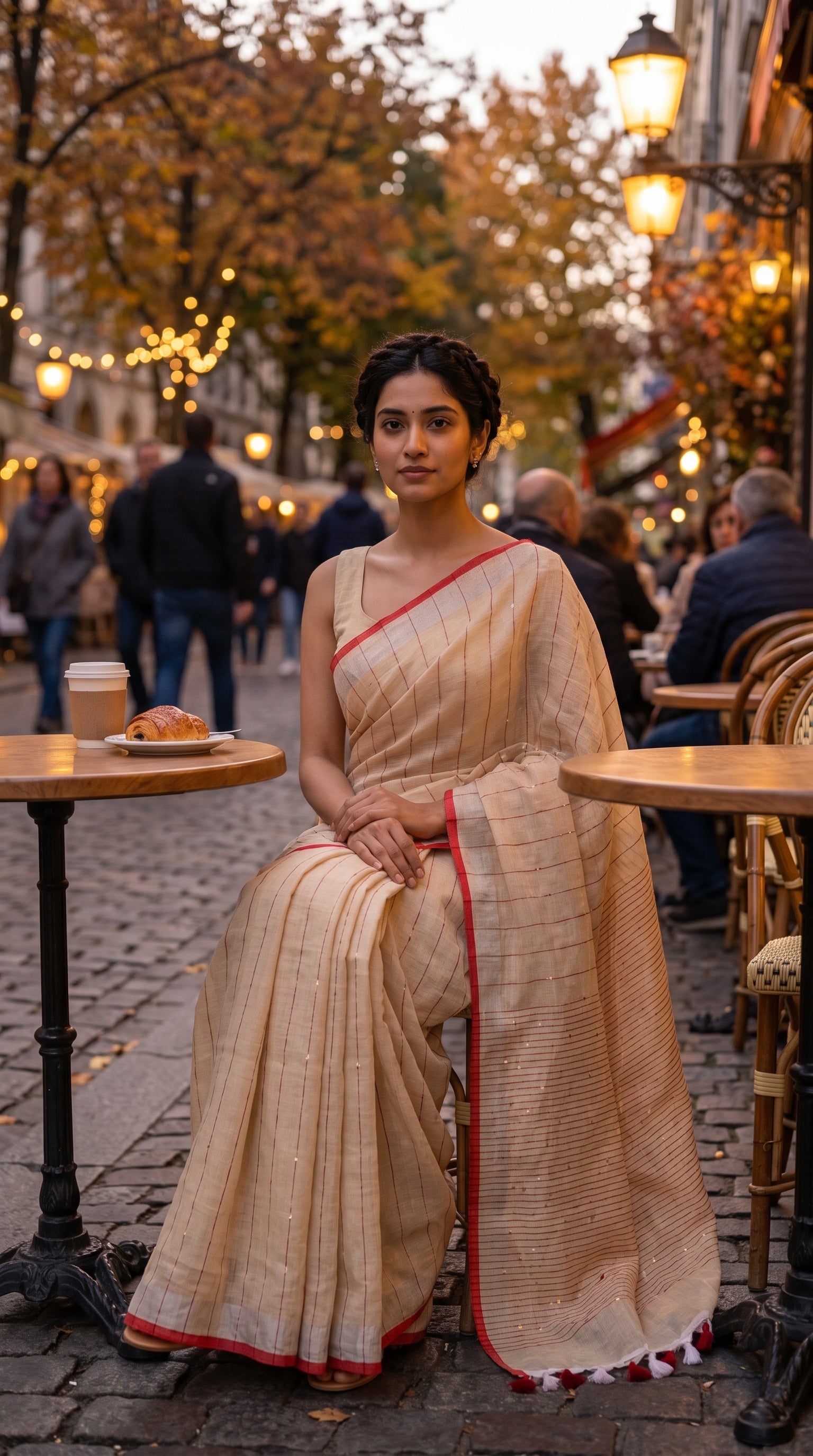 A portrait of a woman sitting at a round table on a cobblestone European café street with a croissant and coffee cup nearby, highlighting the crisp silhouette and red-and-grey dual borders of her beige saree