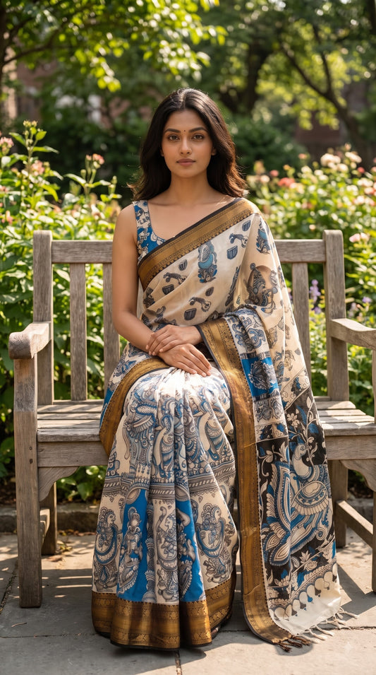 Kanchi Border Kalamkari Silk Saree - Beige with Blue