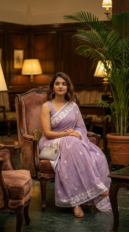 Light Purple Cotton Saree with Applique Border