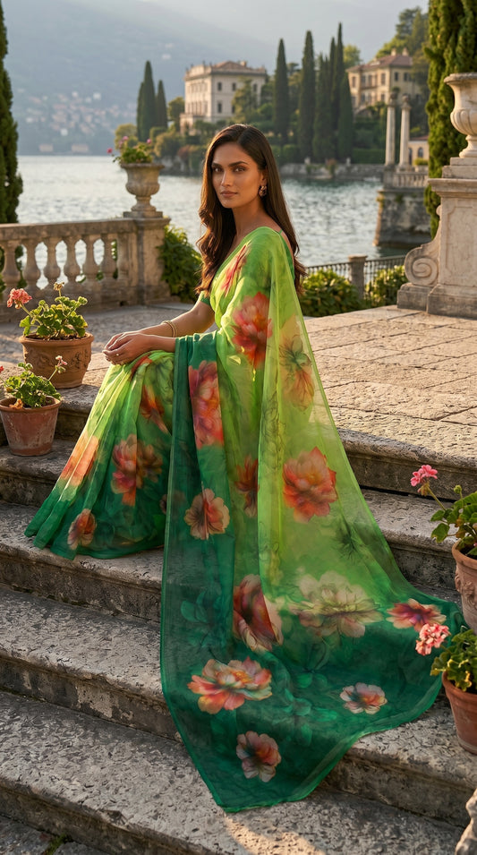 A woman sitting on ancient stone steps overlooking a scenic lake, draped in a sheer emerald green floral chiffon saree