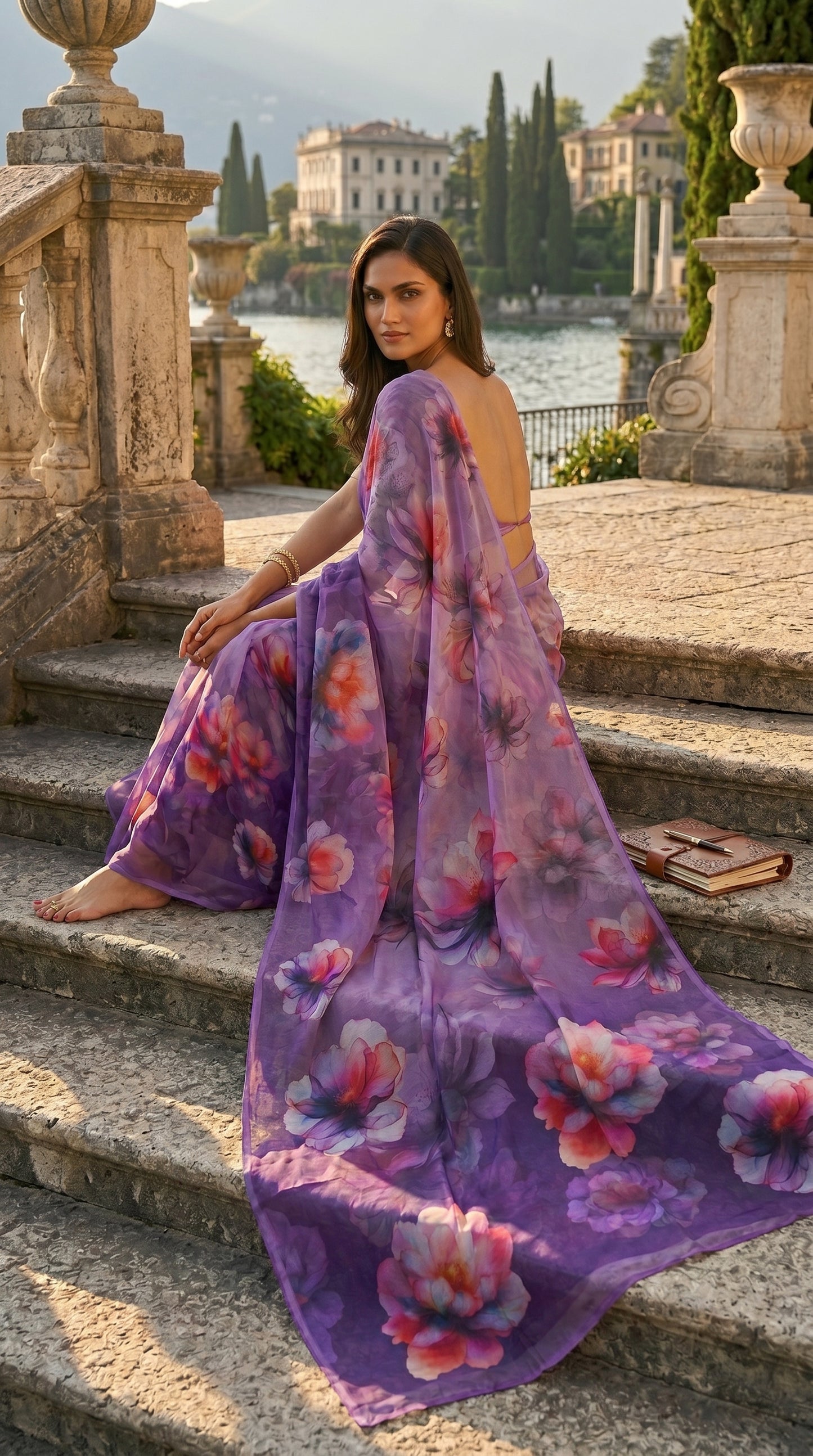 A woman sitting on ancient stone steps overlooking a scenic lake, draped in a sheer lavender purple floral printed chiffon saree