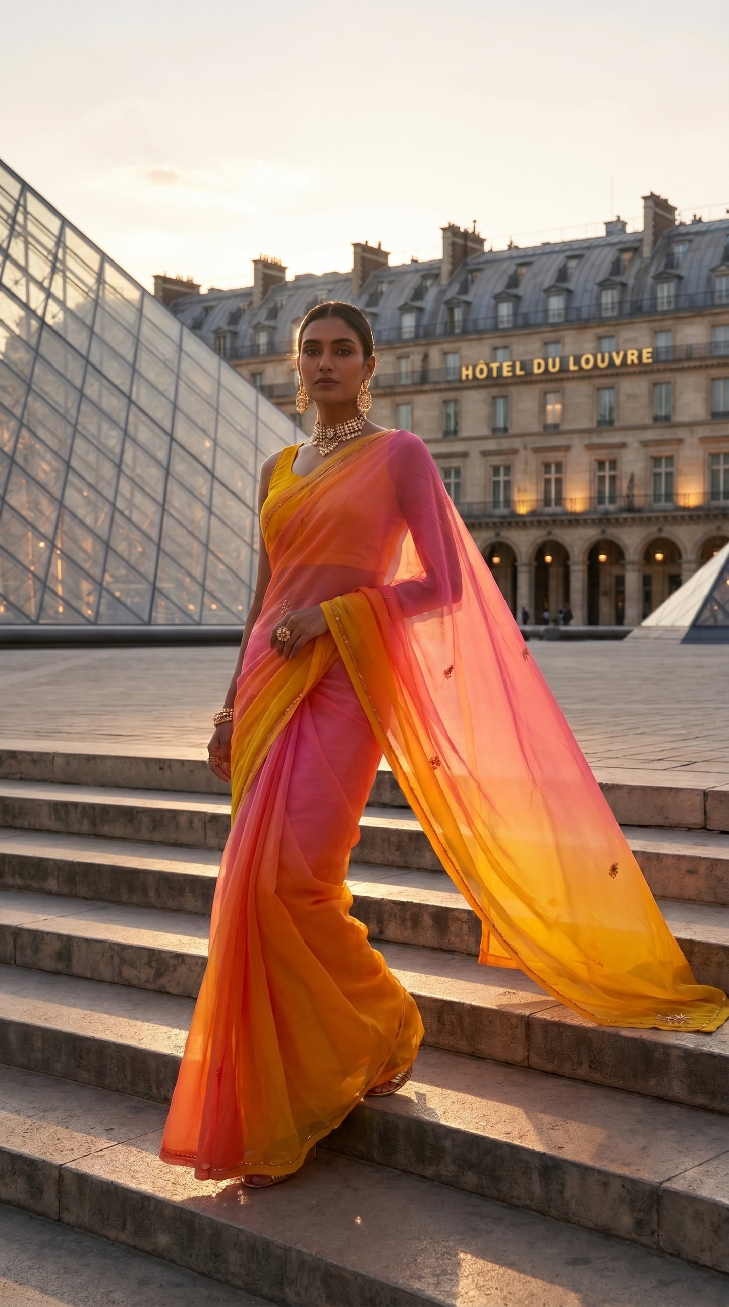 A woman elegantly descending stone courtyard stairs at sunset wearing a pink, orange, and yellow ombré chiffon saree