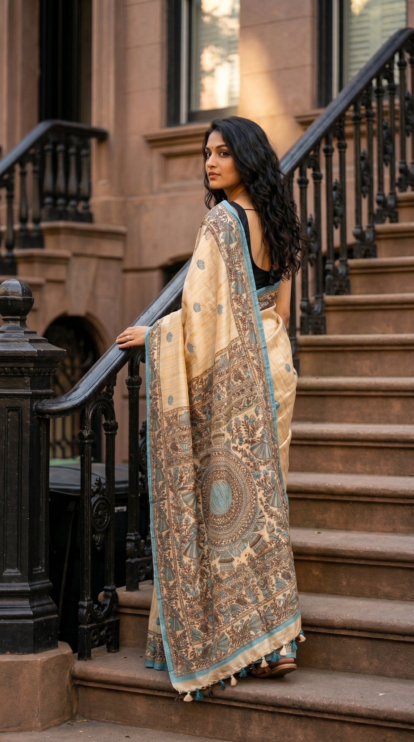 Back view of a woman holding a brown stone staircase railing, showcasing a beige Tussar silk saree with a heavily printed blue Madhubani pallu and edge tassels