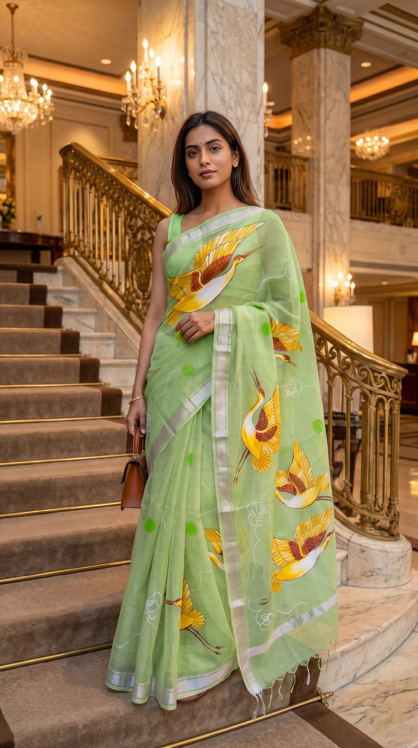 Full-length image of a woman standing by a grand hotel staircase, highlighting the structured, elegant fall of a hand-painted pista green Kota Doria cotton saree