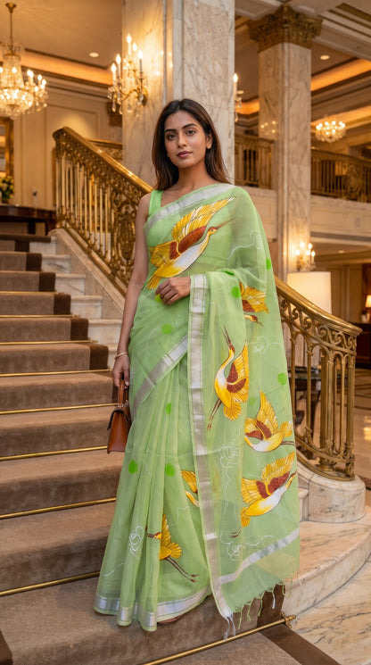 Full-length image of a woman standing by a grand hotel staircase, highlighting the structured, elegant fall of a hand-painted pista green Kota Doria cotton saree