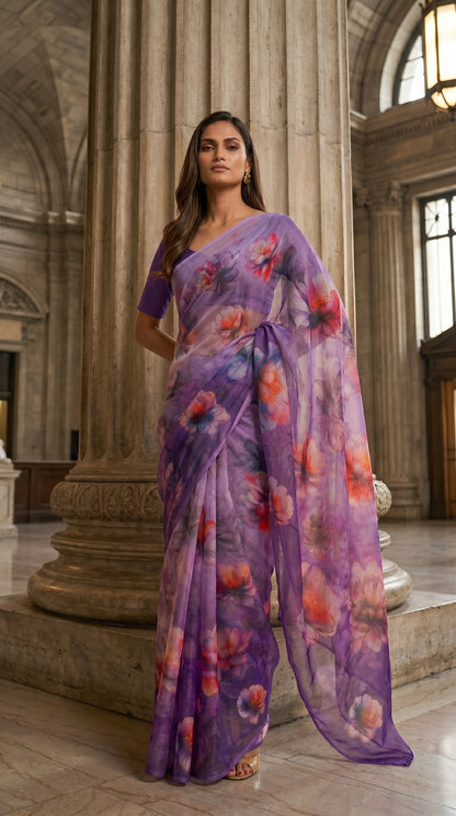 Full-length image of a model standing by a grand marble column, highlighting the graceful flow of a lavender purple floral chiffon saree