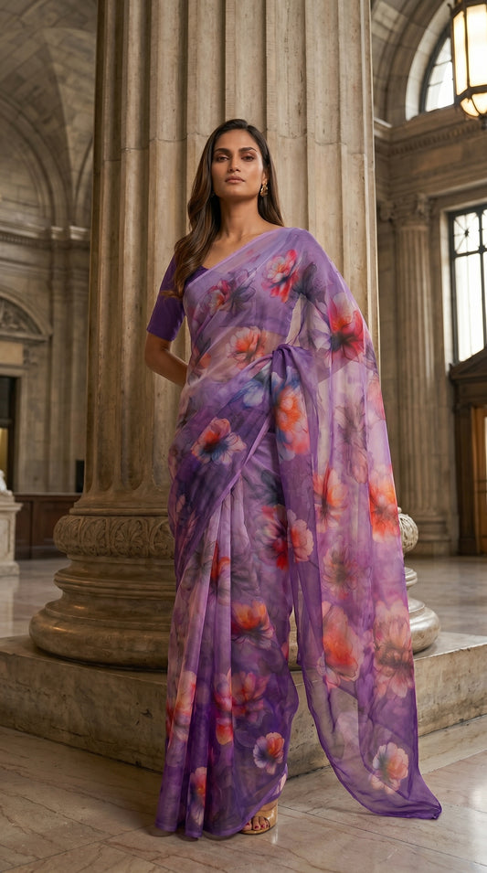 Full-length image of a model standing by a grand marble column, highlighting the graceful flow of a lavender purple floral chiffon saree