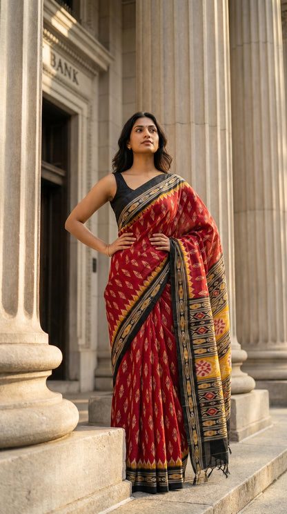 A woman standing confidently between large historic stone pillars, draped in a rich red Tussar-textured silk saree with black and yellow Ikat geometric borders