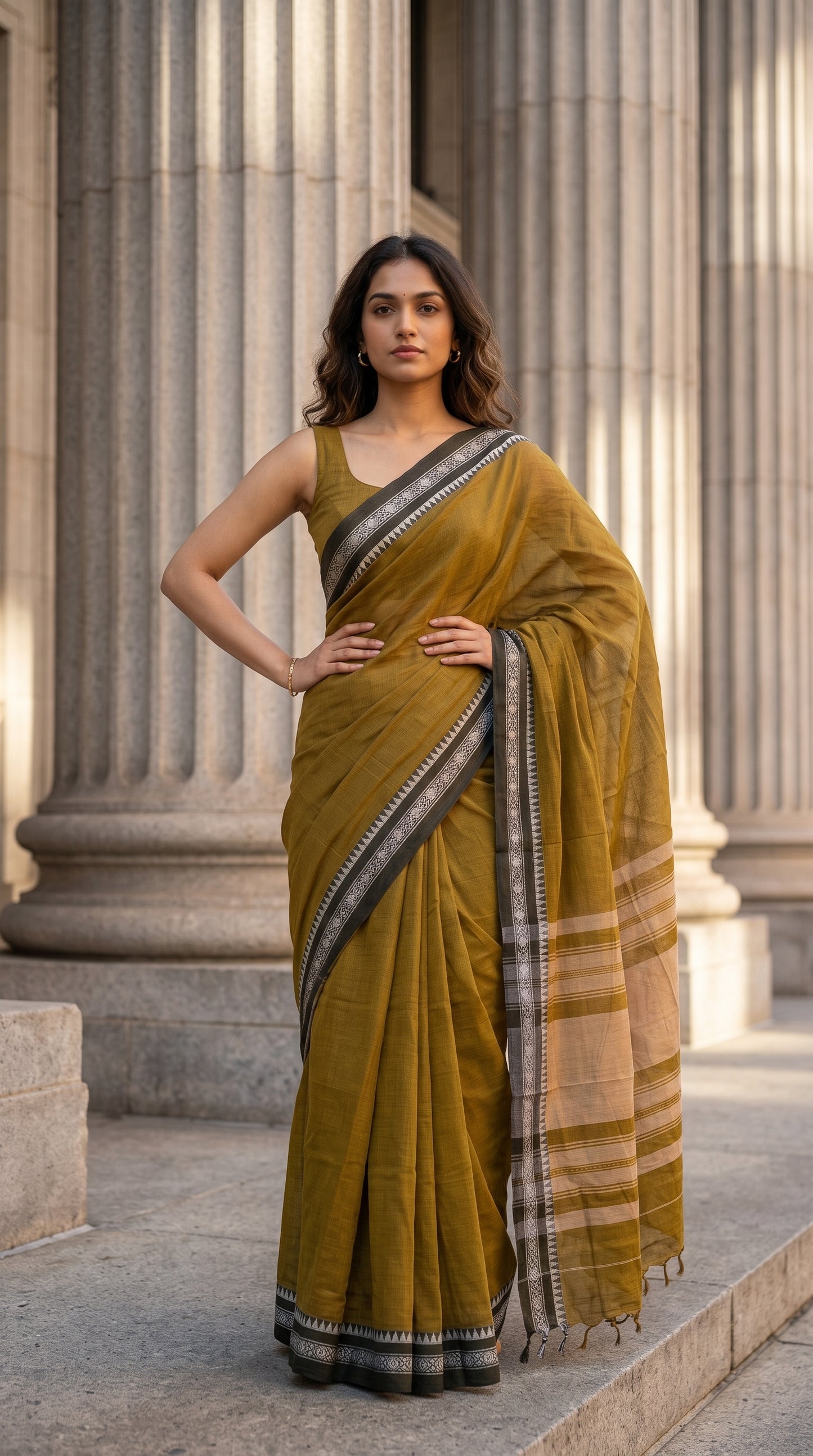 A woman standing confidently between large historic stone columns, displaying the elegant front drape, black geometric borders, and crisp folds of a khakee green mul saree