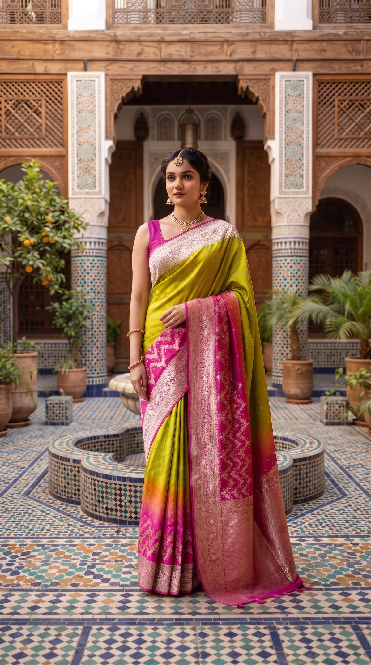 A full-length front portrait of a woman wearing traditional gold jewelry standing in a tiled Moroccan riad courtyard, displaying the magnificent drape, lime green body, and contrast magenta zari border of her Banarasi Katan silk saree