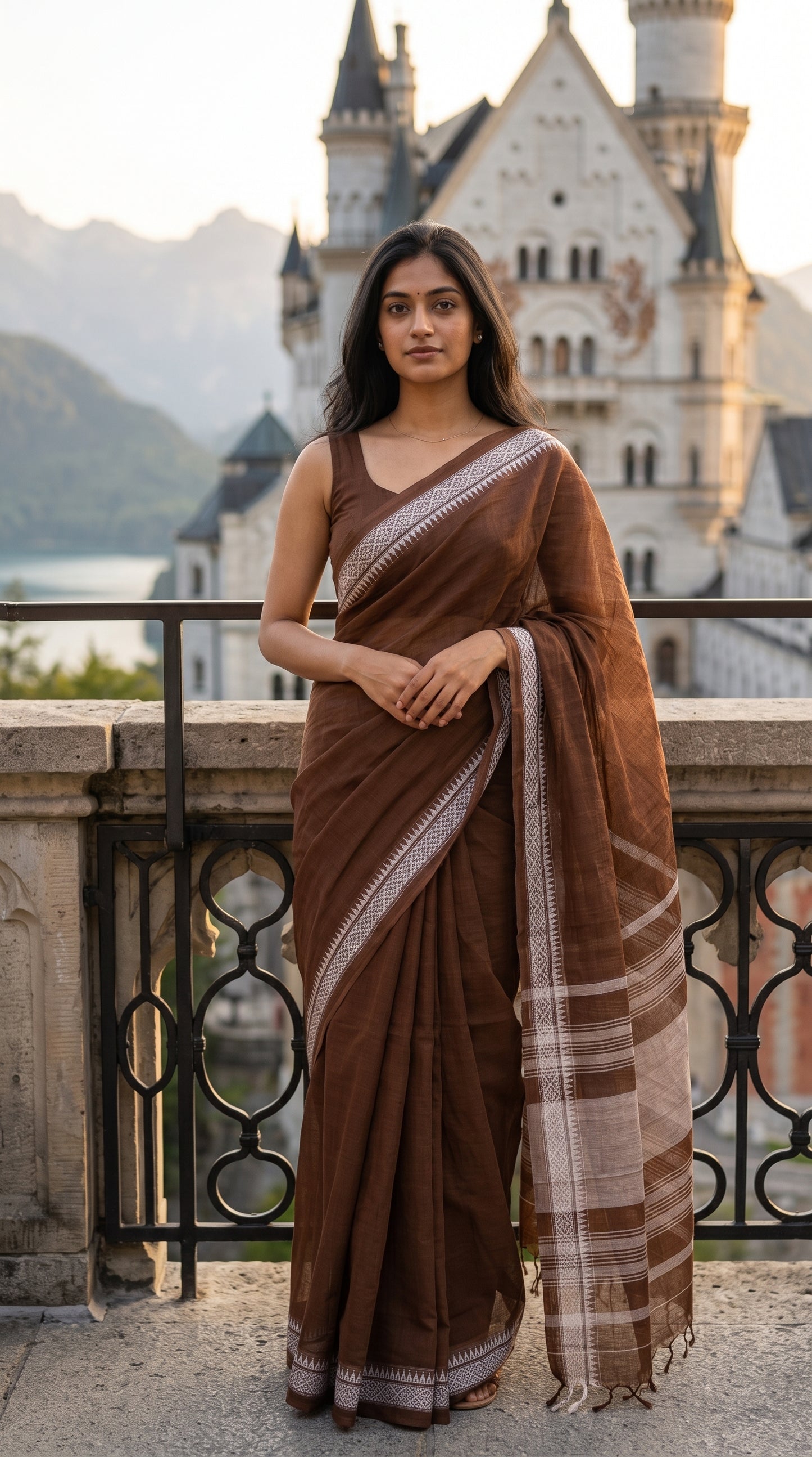 A woman standing at a stone castle balcony railing, showcasing the elegant front drape, white geometric borders, and crisp folds of a brown mul saree