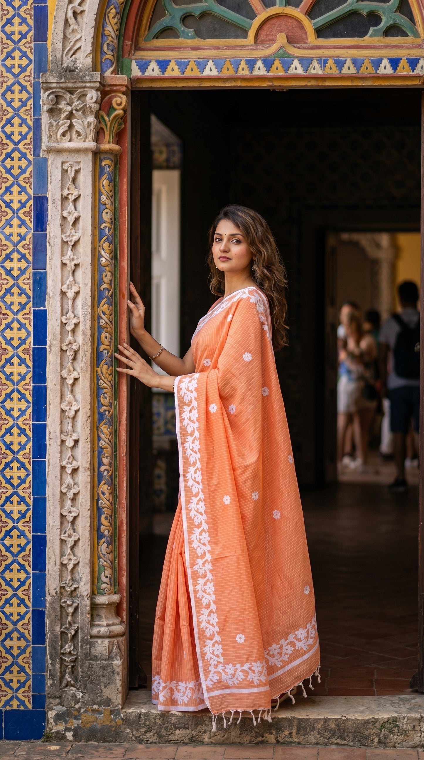 Peach Cotton Saree with Applique Border