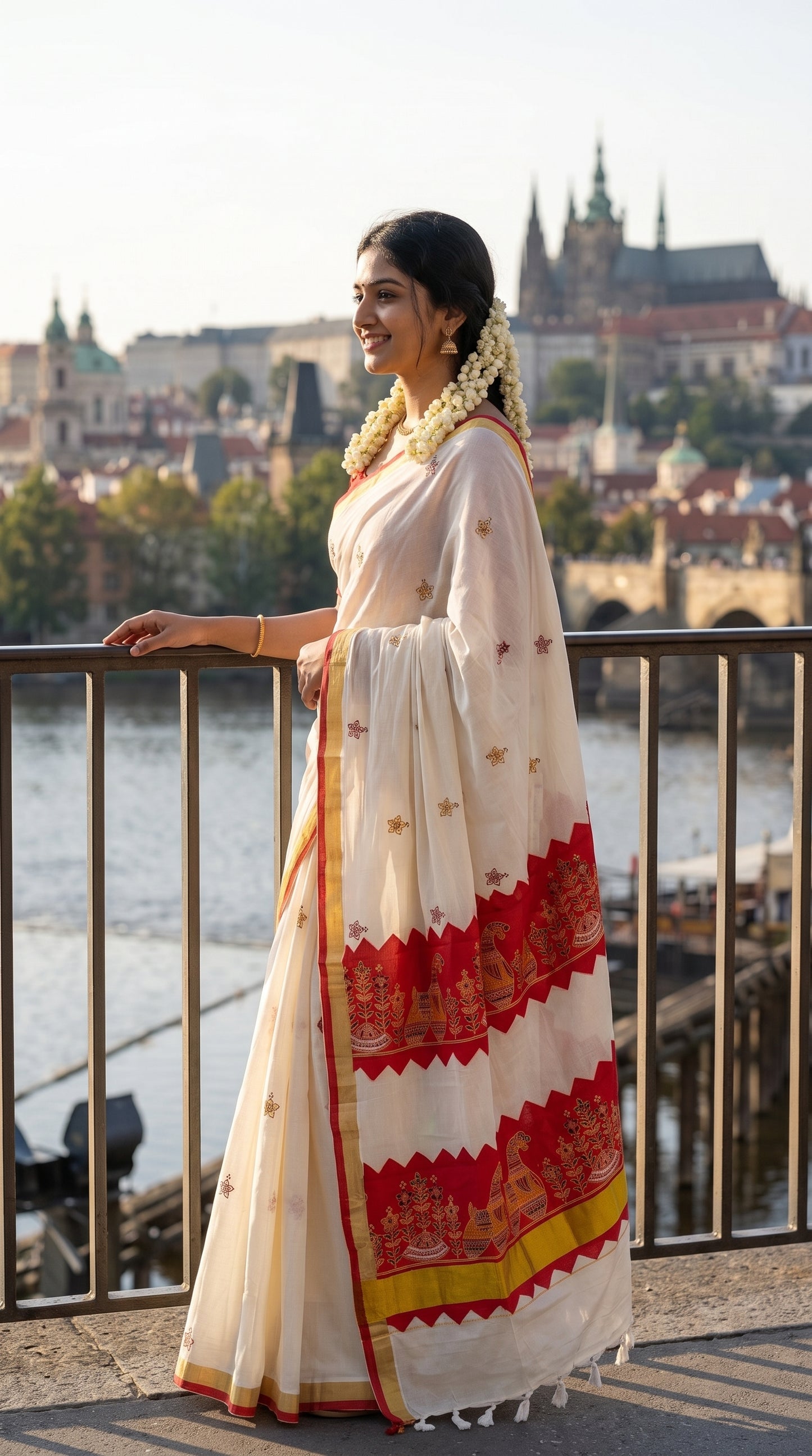 Side profile view of a woman standing at a stone overlook with a historic city backdrop, showcasing the crisp drape and vibrant red applique work on her pallu