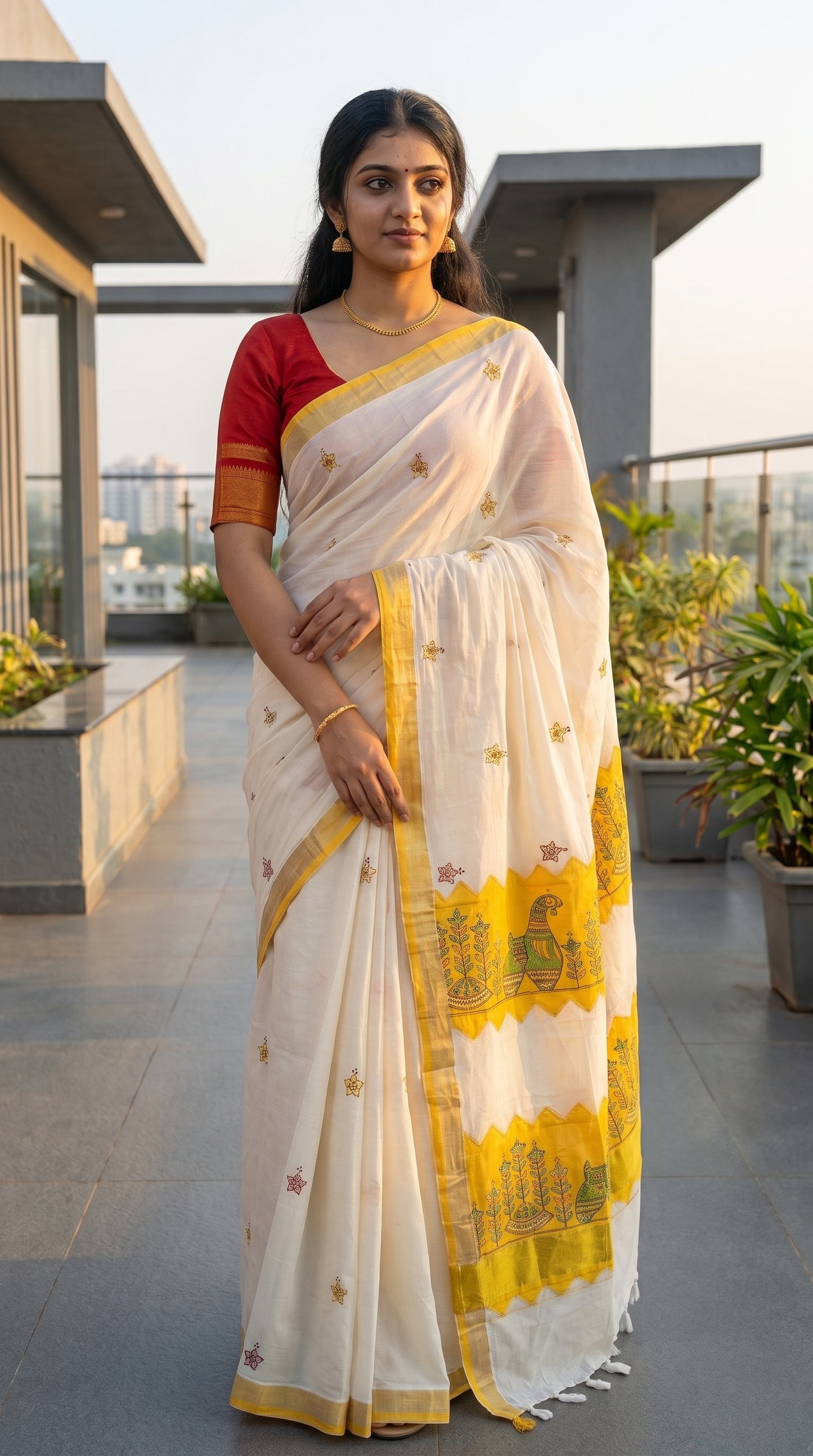Full-length portrait of a woman standing on a modern rooftop office terrace, displaying the front drape and yellow temple applique border of her Kerala cotton saree