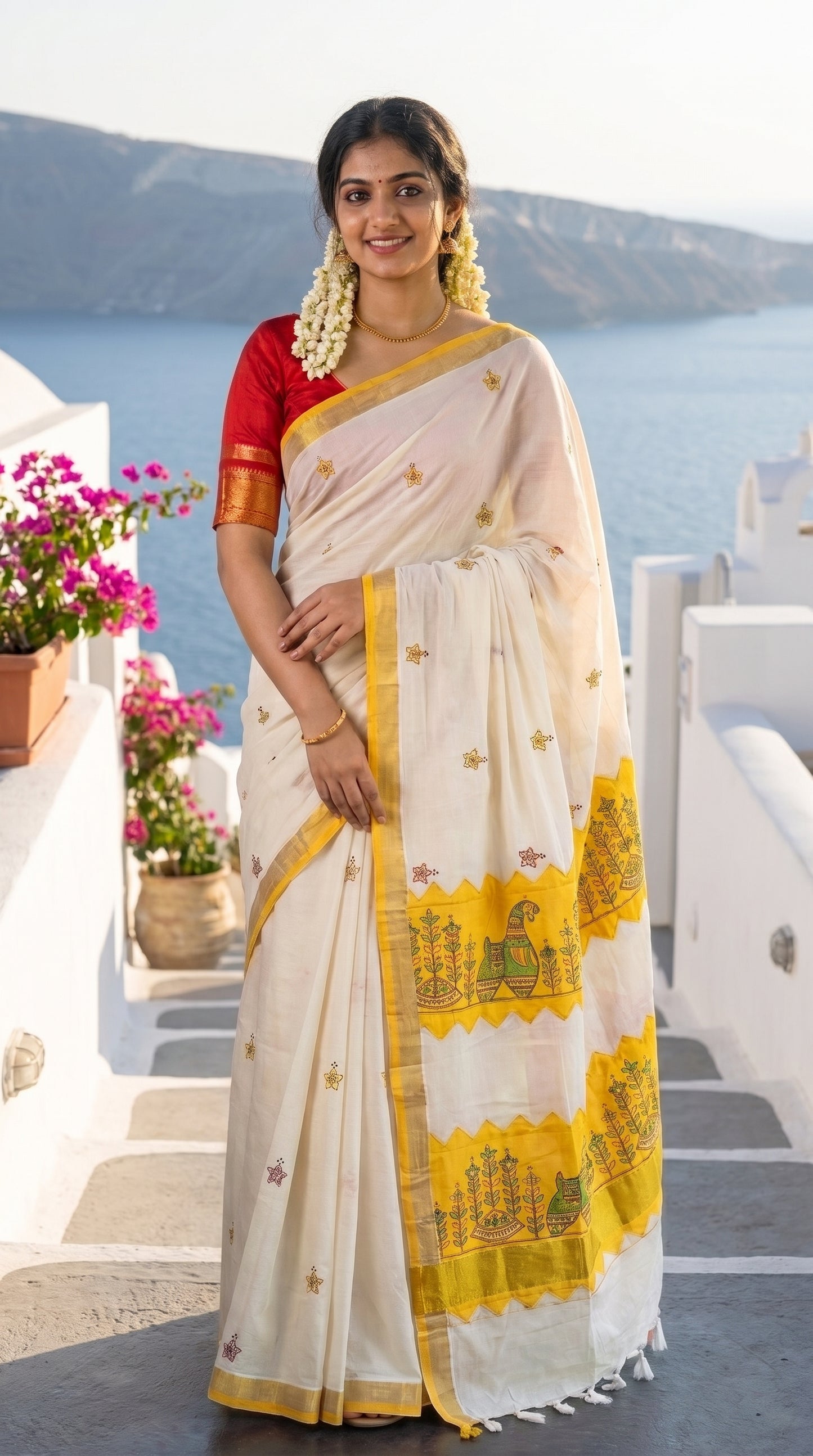 A woman standing on white villa steps in Santorini with the sea backdrop, wearing a white Kerala cotton saree highlighted by vibrant yellow applique temple patterns
