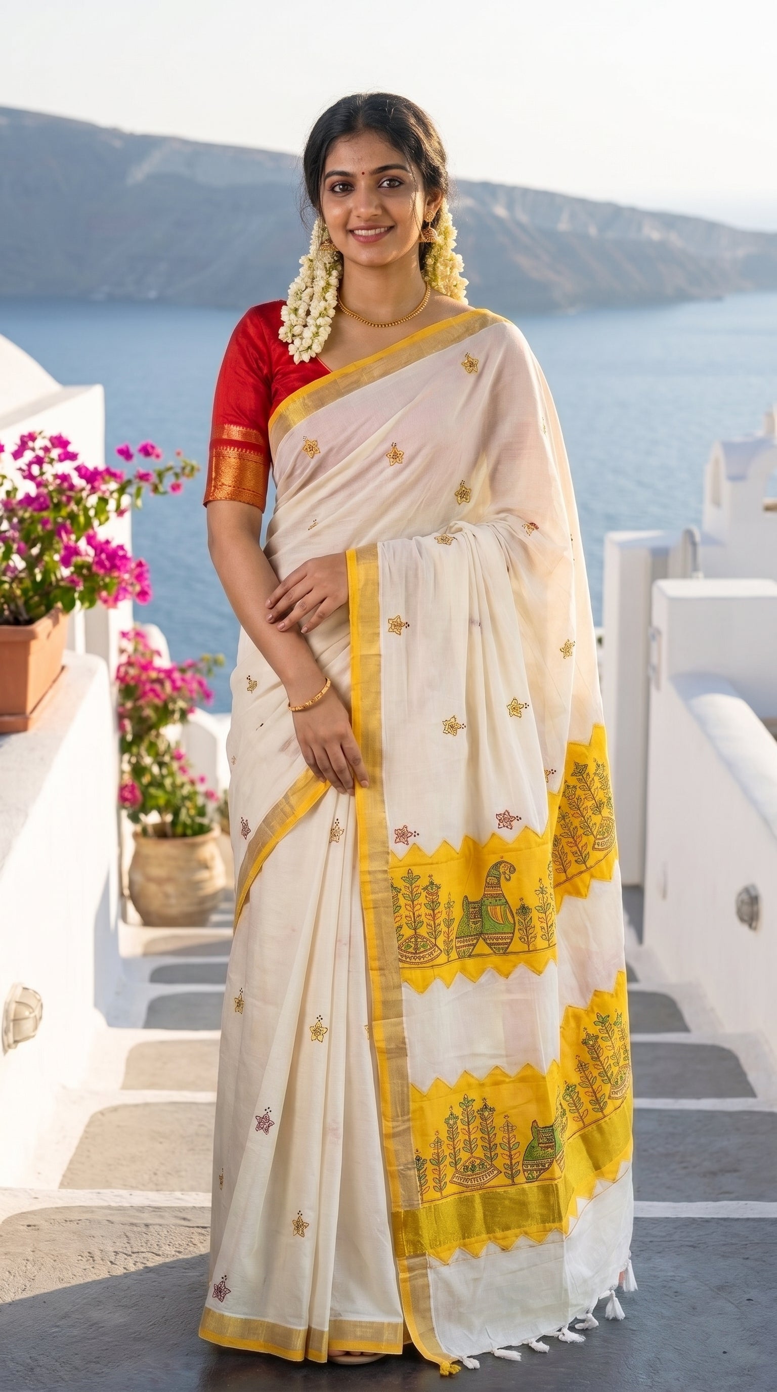 A woman standing on white villa steps in Santorini with the sea backdrop, wearing a white Kerala cotton saree highlighted by vibrant yellow applique temple patterns