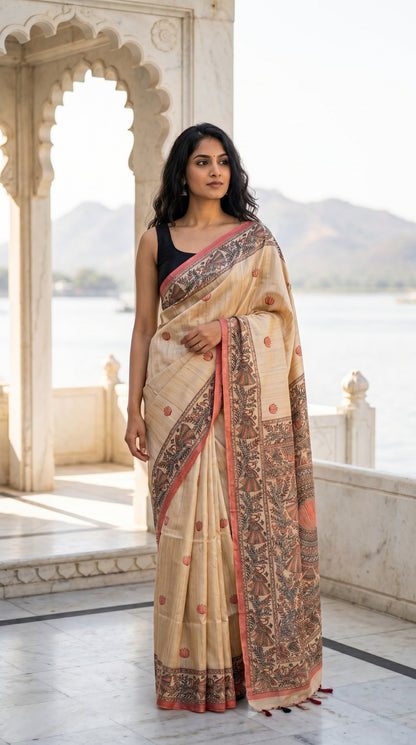 Full-length image of a woman standing inside a white marble palace pavilion, displaying the traditional light-red border motifs of a blended Tussar silk saree